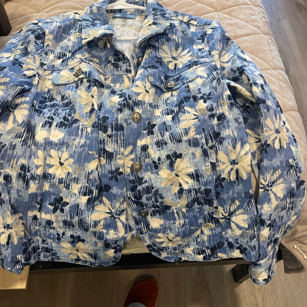 Floral Blue and White Denim Jacket